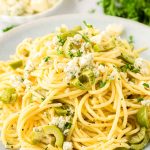 A plate of tiktok dirty martini pasta.