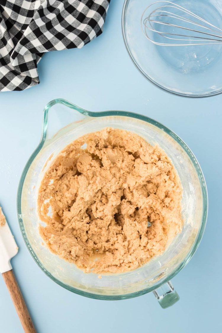 Cookie dough in a mixing bowl.