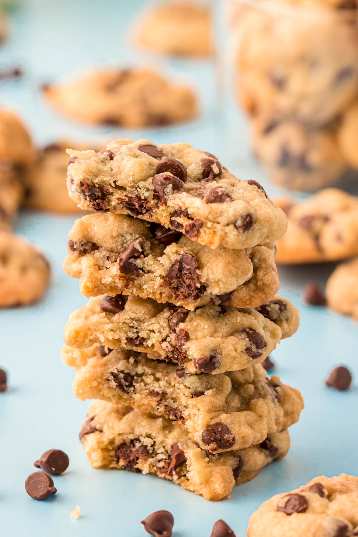 A stack of mini chocolate chip cookies.