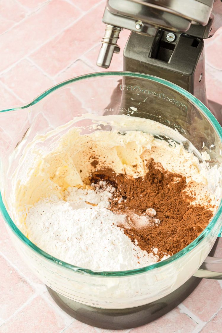 Powdered sugar and cocoa powder in a bowl with creamed cream cheese.