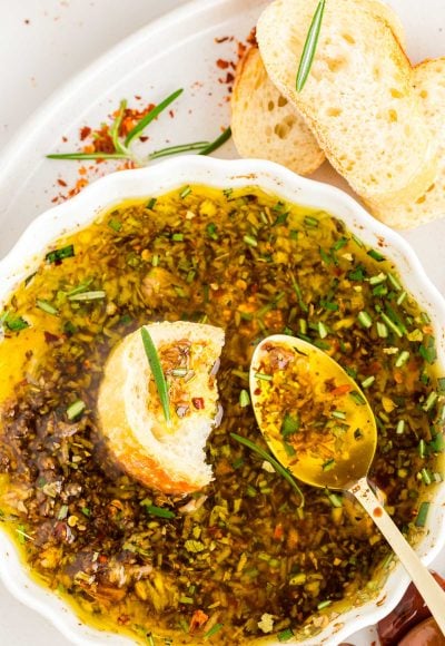 Overhead photo of a bowl of olive oil bread dip.