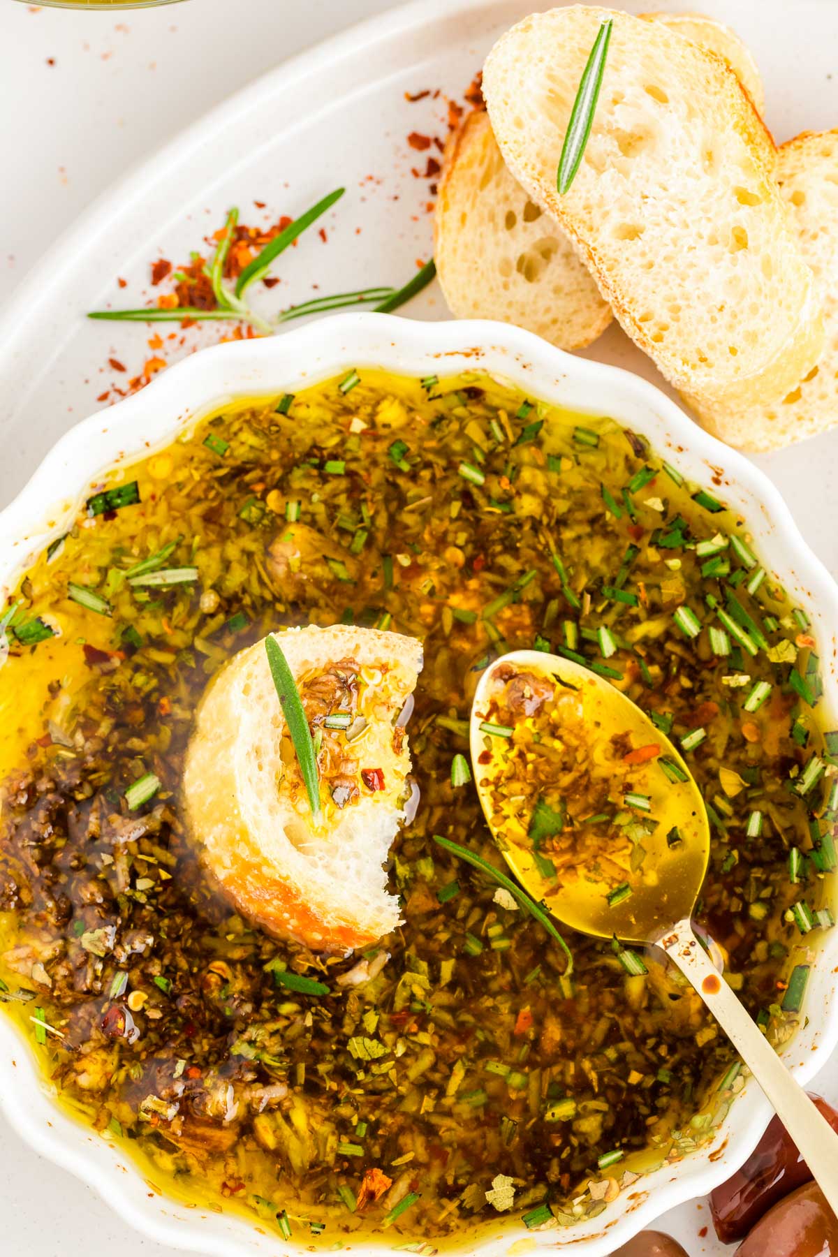 Overhead photo of a bowl of olive oil bread dip.