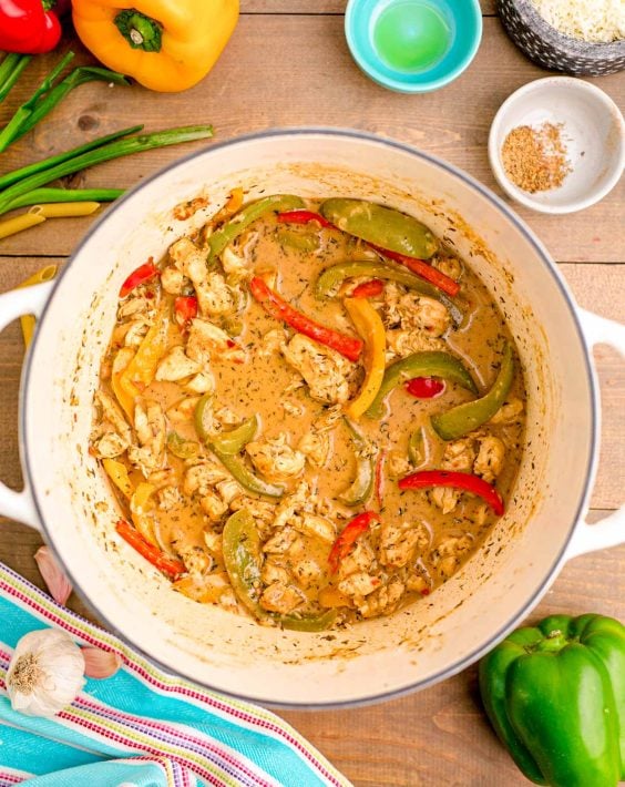 Rasta pasta in a Dutch oven.