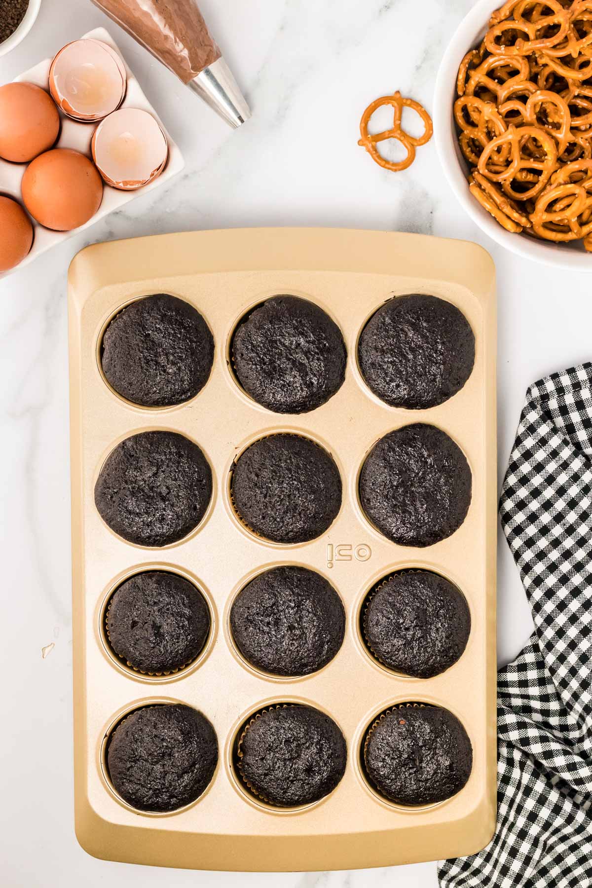 Chocolate cupcakes in a pan.