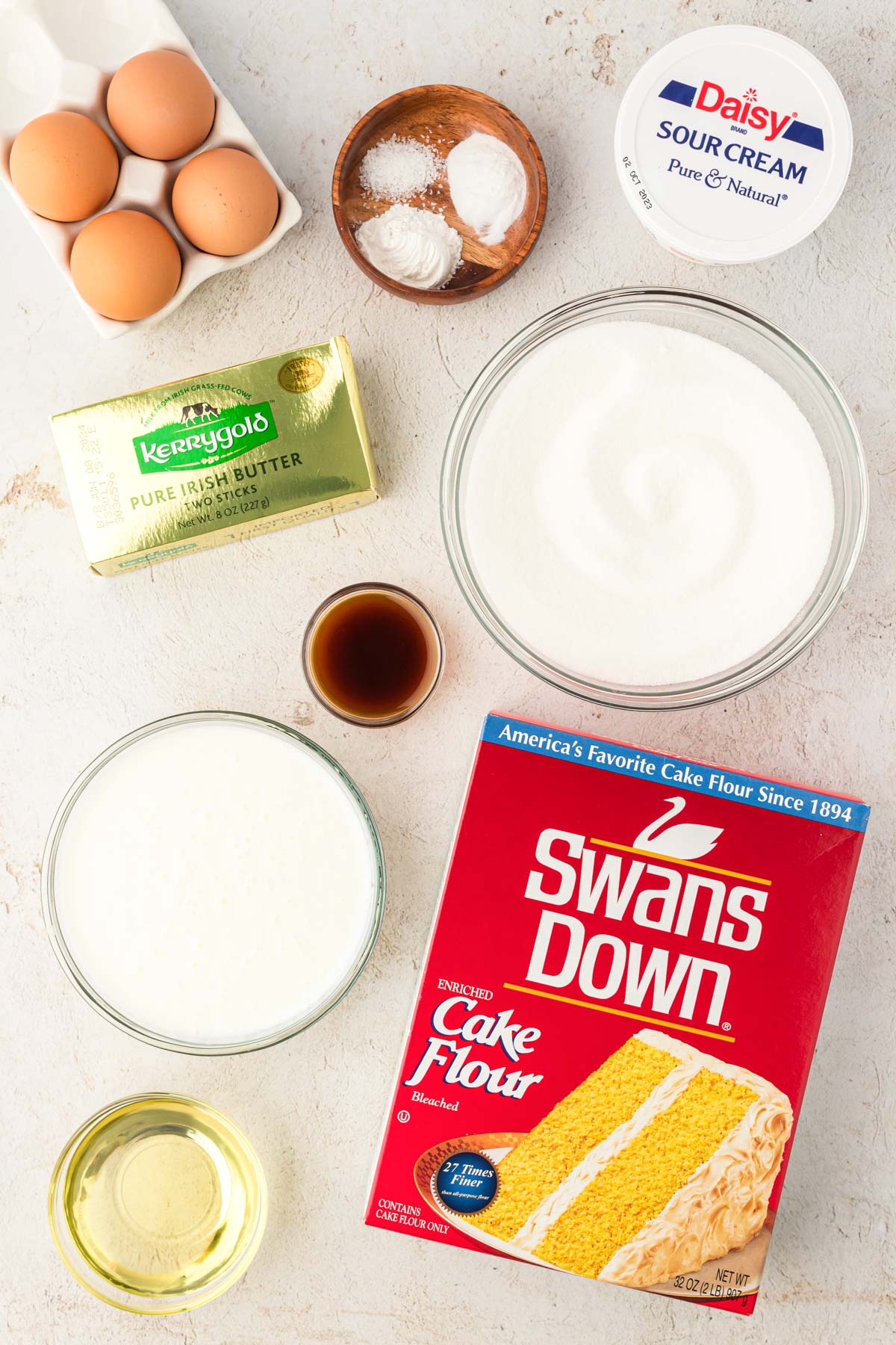 Overhead photo of ingredients used to make yellow cupcakes.