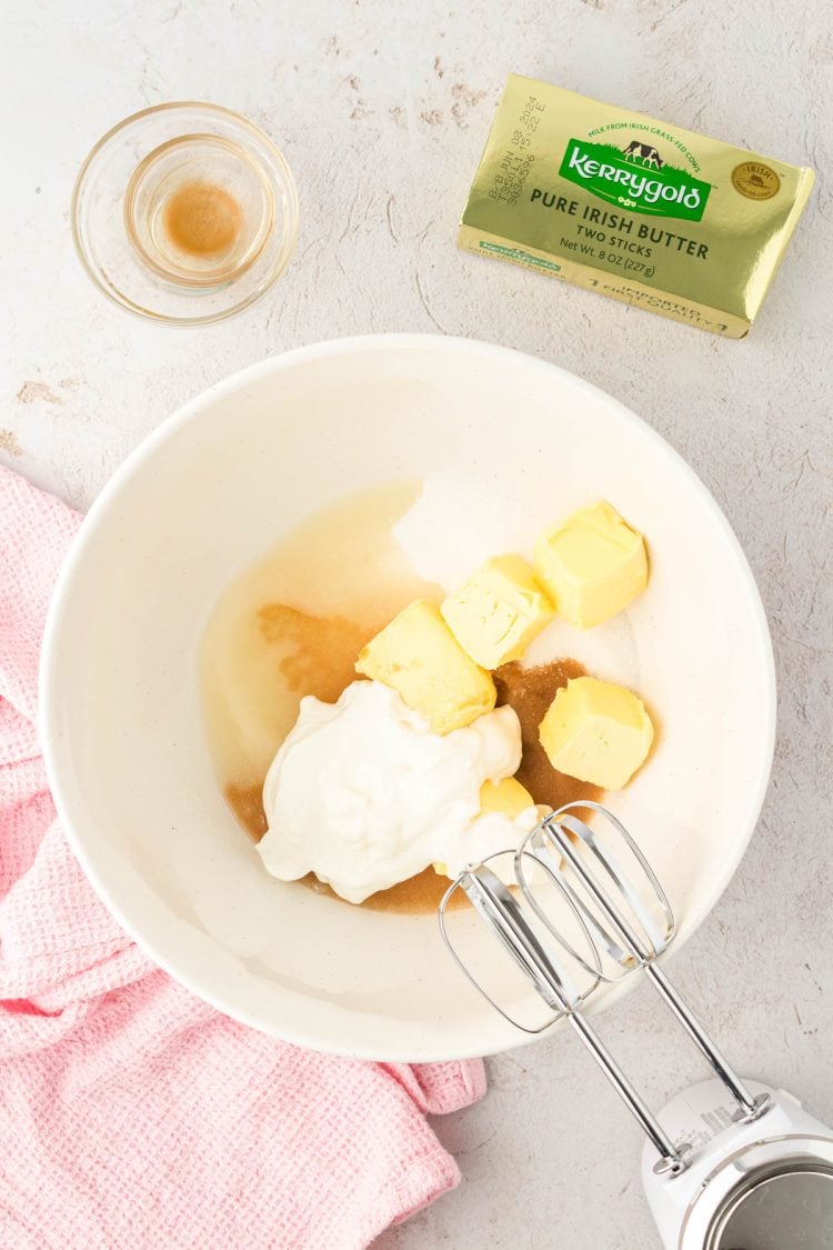 Ingredients to make yellow cupcakes in a bowl.