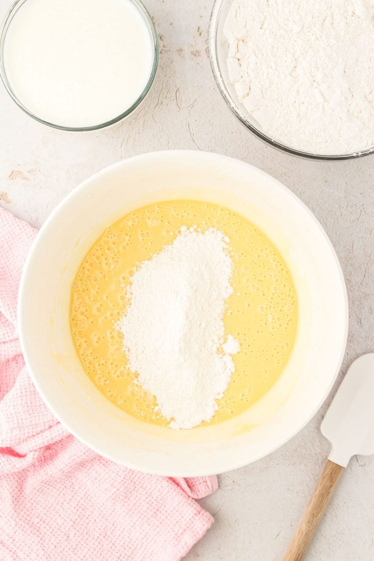 Dry ingredients ready to be folded into yellow cupcake batter.