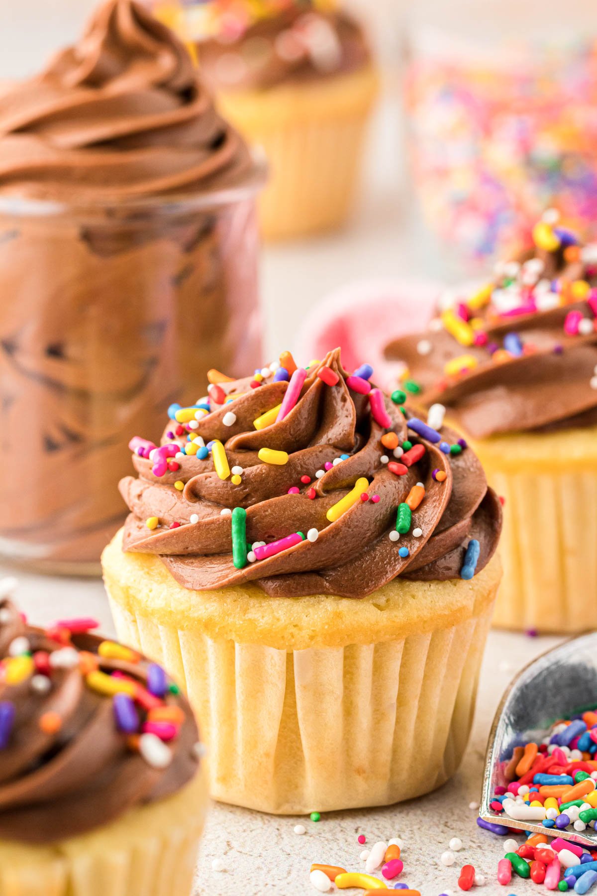 Yellow cupcakes with chocolate cream cheese frosting and rainbow sprinkles.