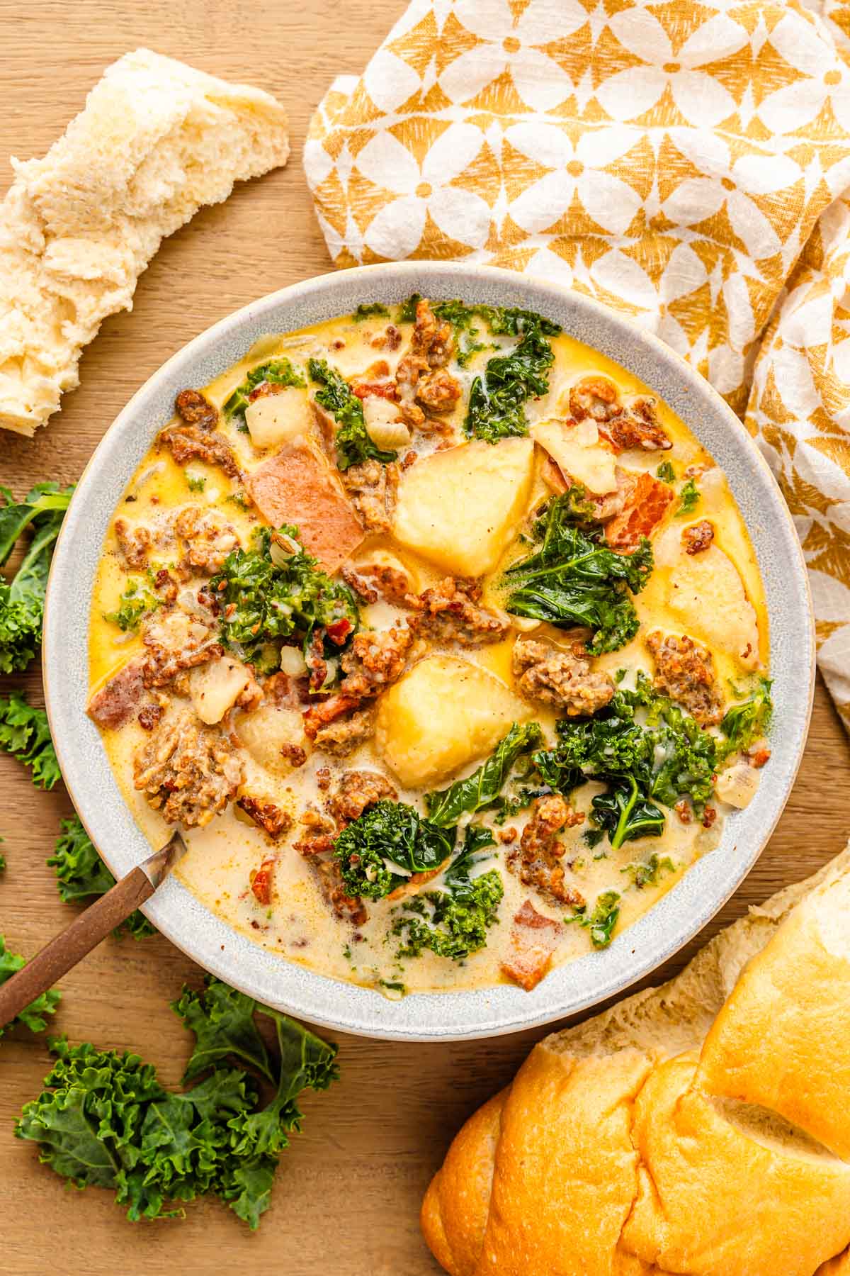 Overhead photo of a bowl of zuppa toscana soup.