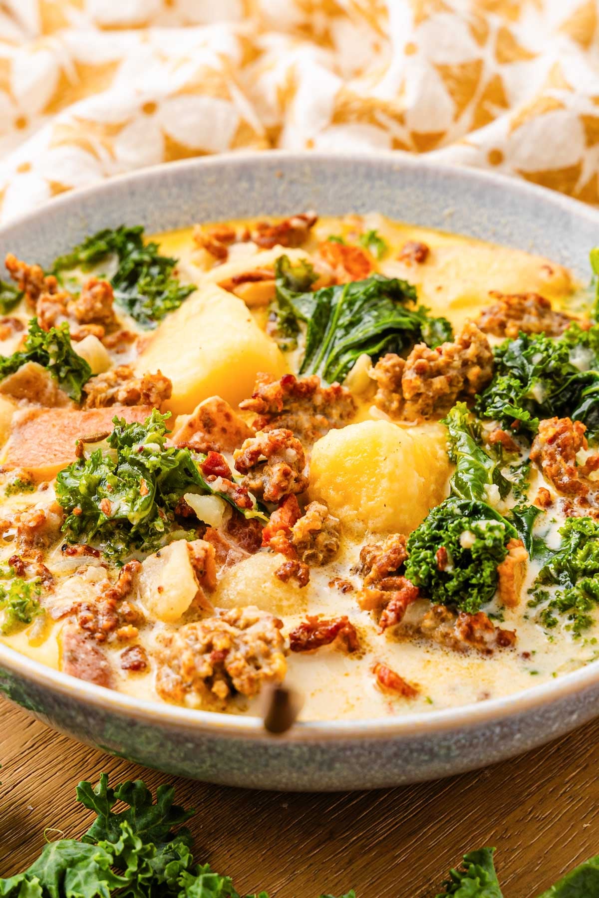 Close up of a bowl of homemade zuppa toscana soup.