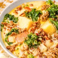A bowl of Zuppa Toscana soup in a bowl.