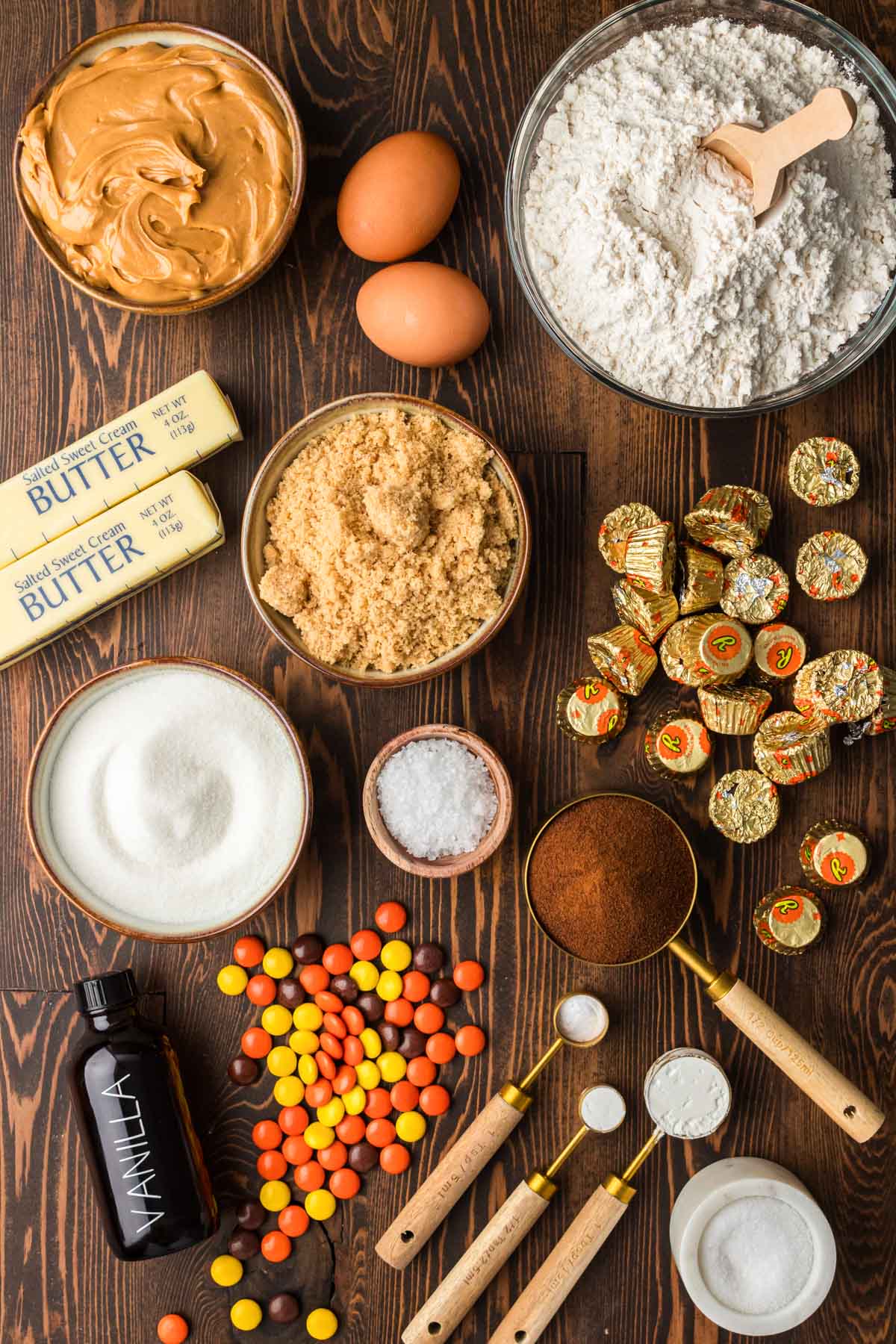 Overhead photo of ingredients to make peanut butter cold brew cookies on a wooden table.