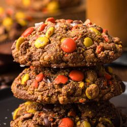 A stack of three Peanut Butter Cold Brew Cookies inspired by Gideon's Bakehouse!