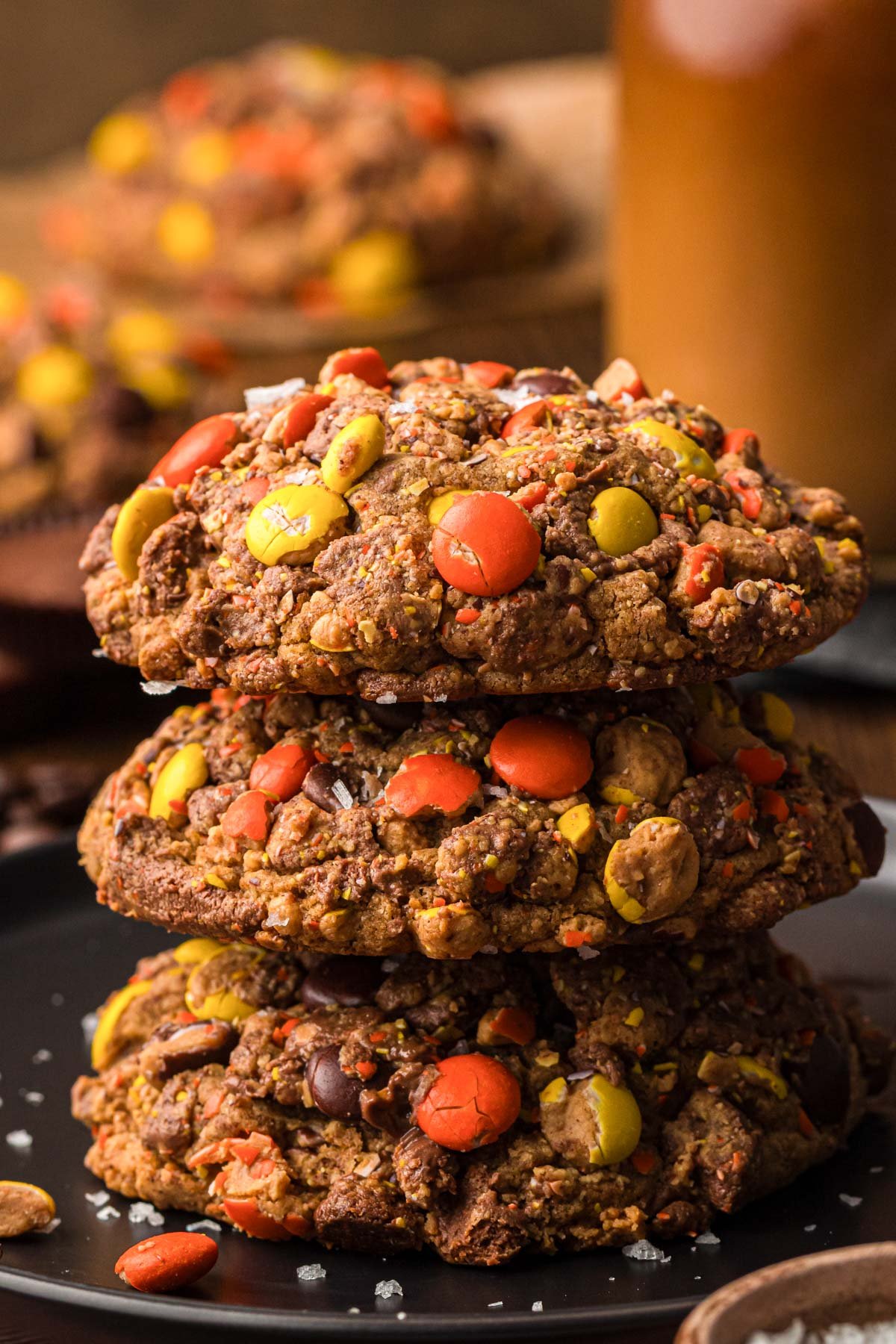 A stack of three Peanut Butter Cold Brew Cookies inspired by Gideon's Bakehouse!