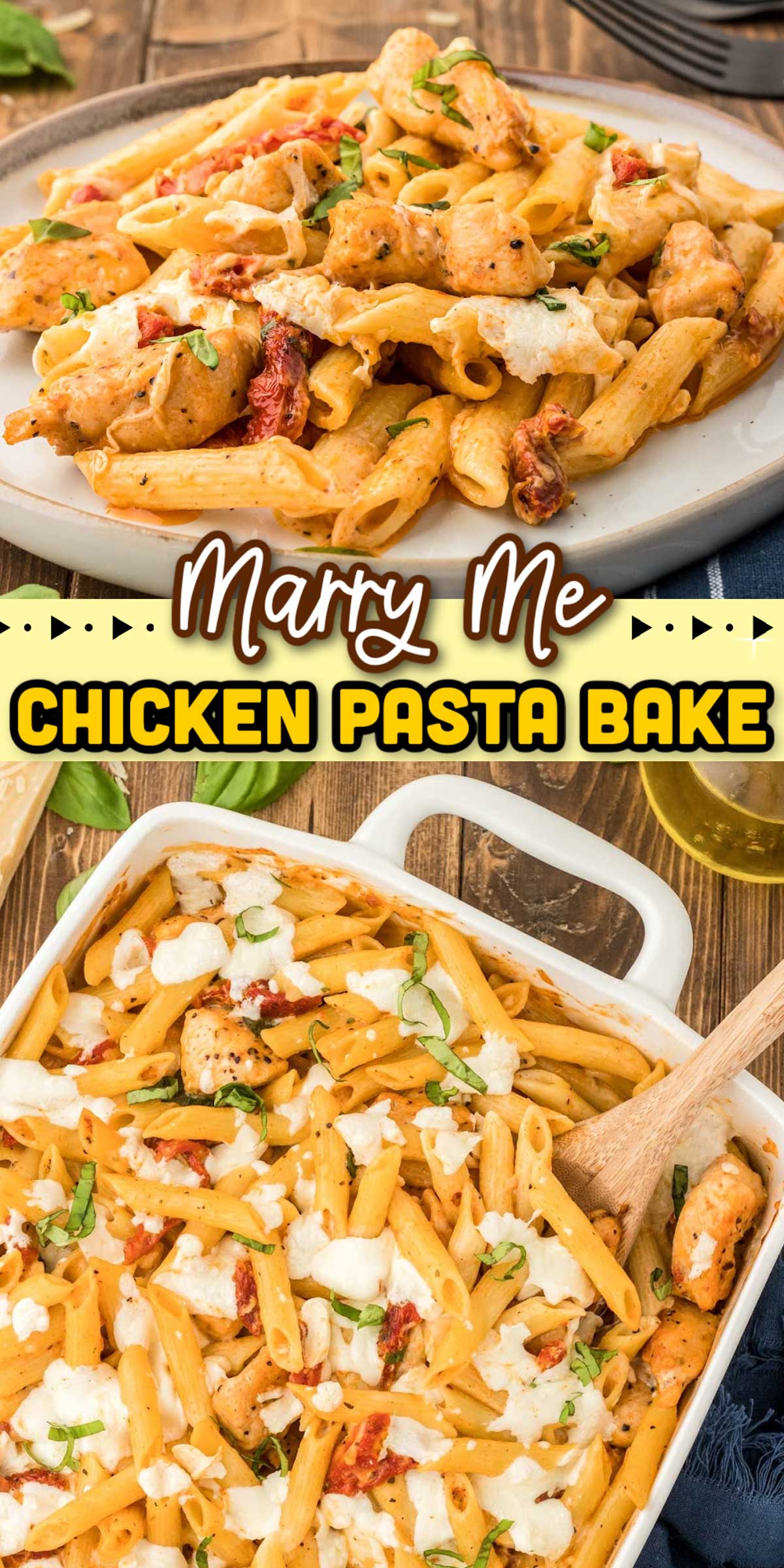 Marry Me Chicken Pasta Casserole is the family-style version of the viral TikTok dish that's filled with chicken, pasta, sundried tomatoes, basil, spices, and creamy cheese sauce!  via @sugarandsoulco