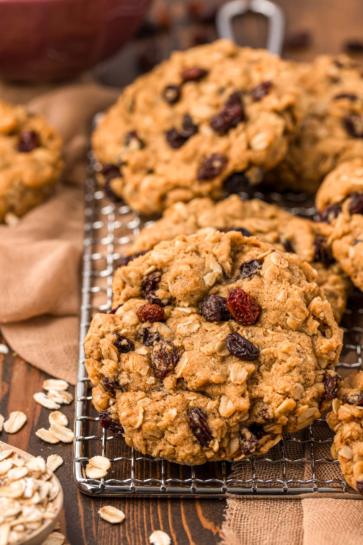 Close up of oatmeal raisin cookies.