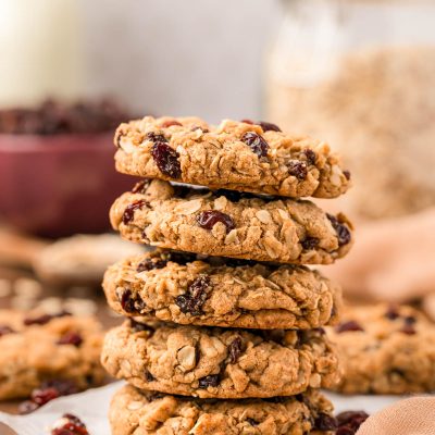 A stack of five oatmeal raisin cookies.
