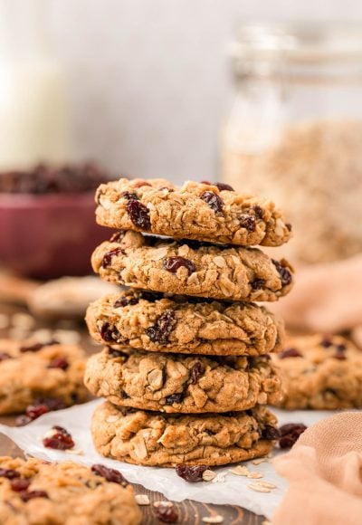 A stack of five oatmeal raisin cookies.
