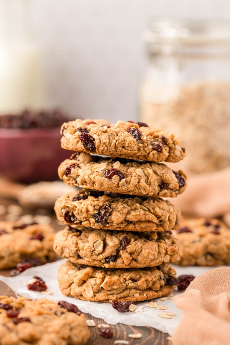 A stack of five oatmeal raisin cookies.
