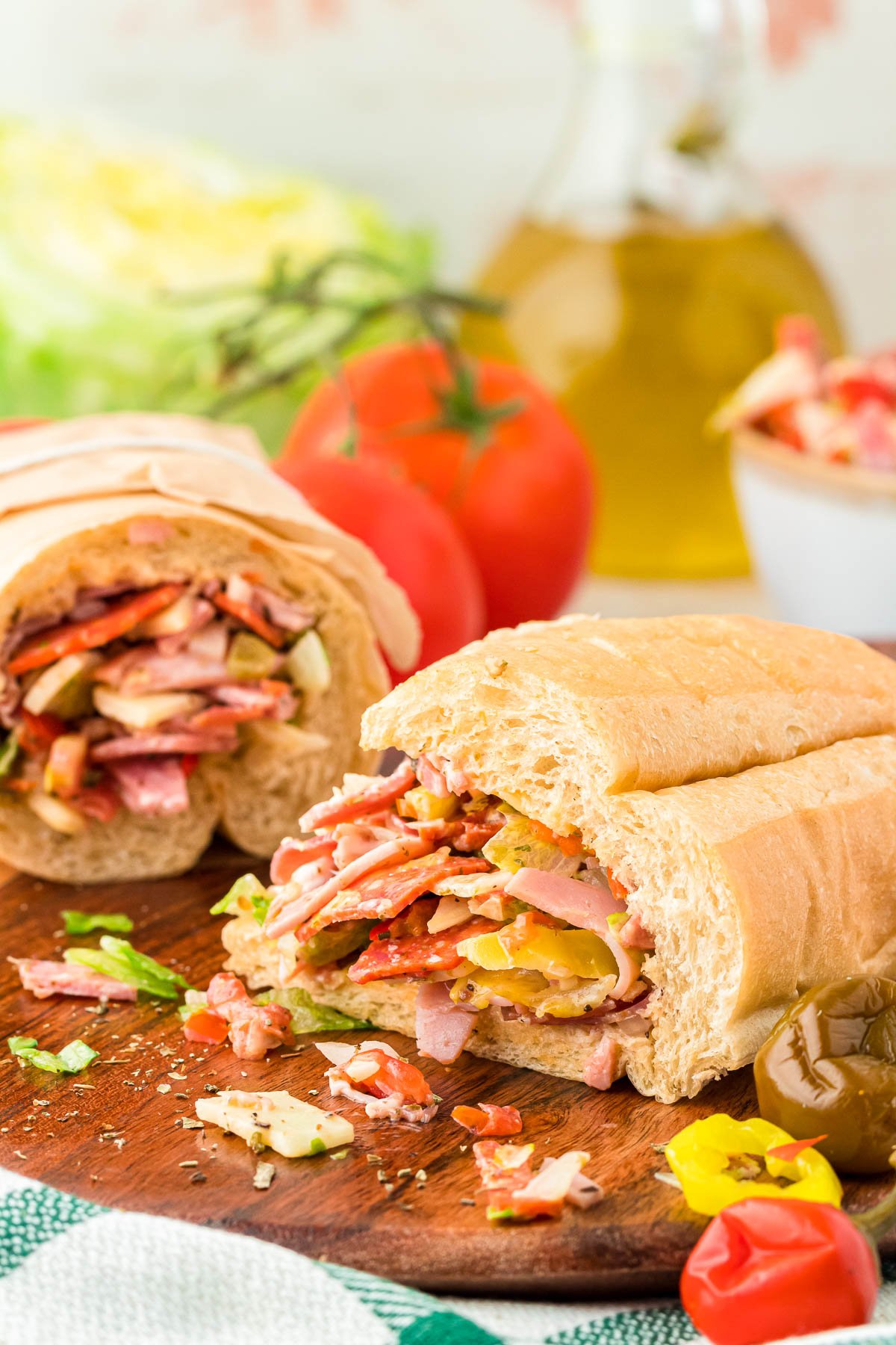 Chopped Italian Subs on a serving board.