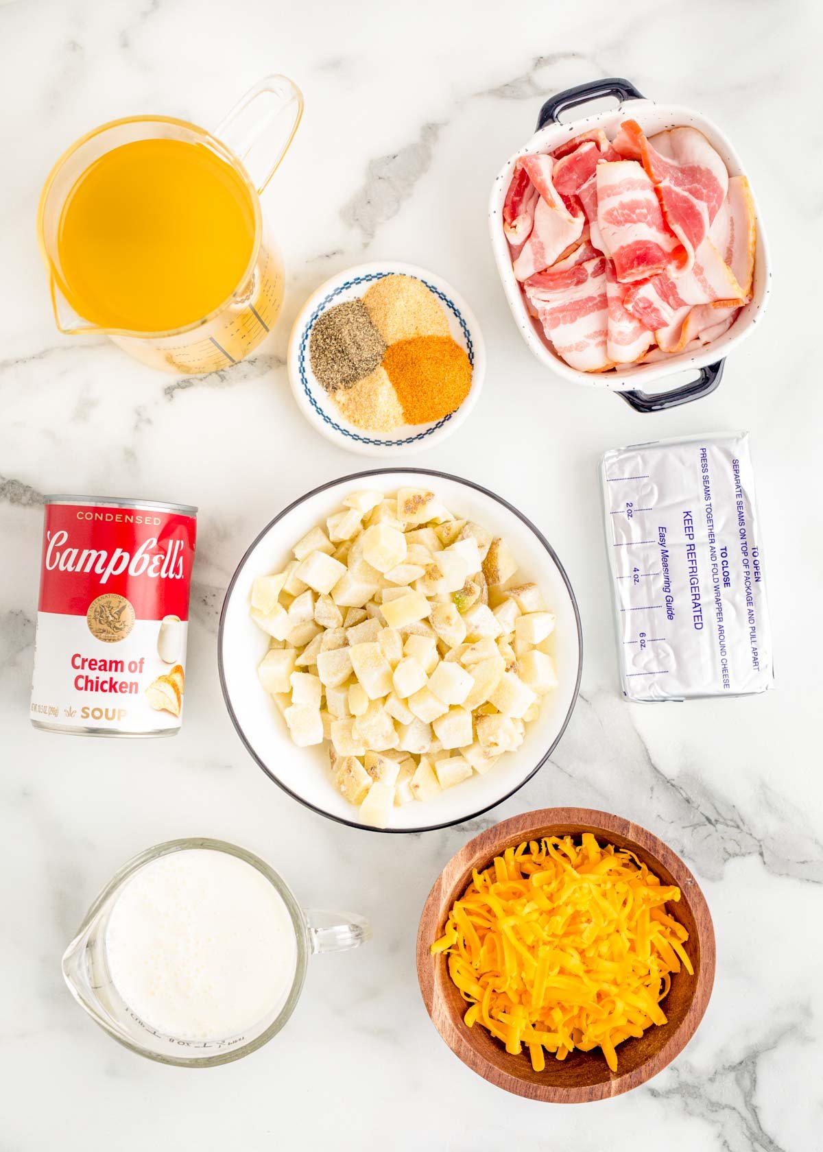 Overhead photo of ingredients used to make crockpot potato soup with bacon.