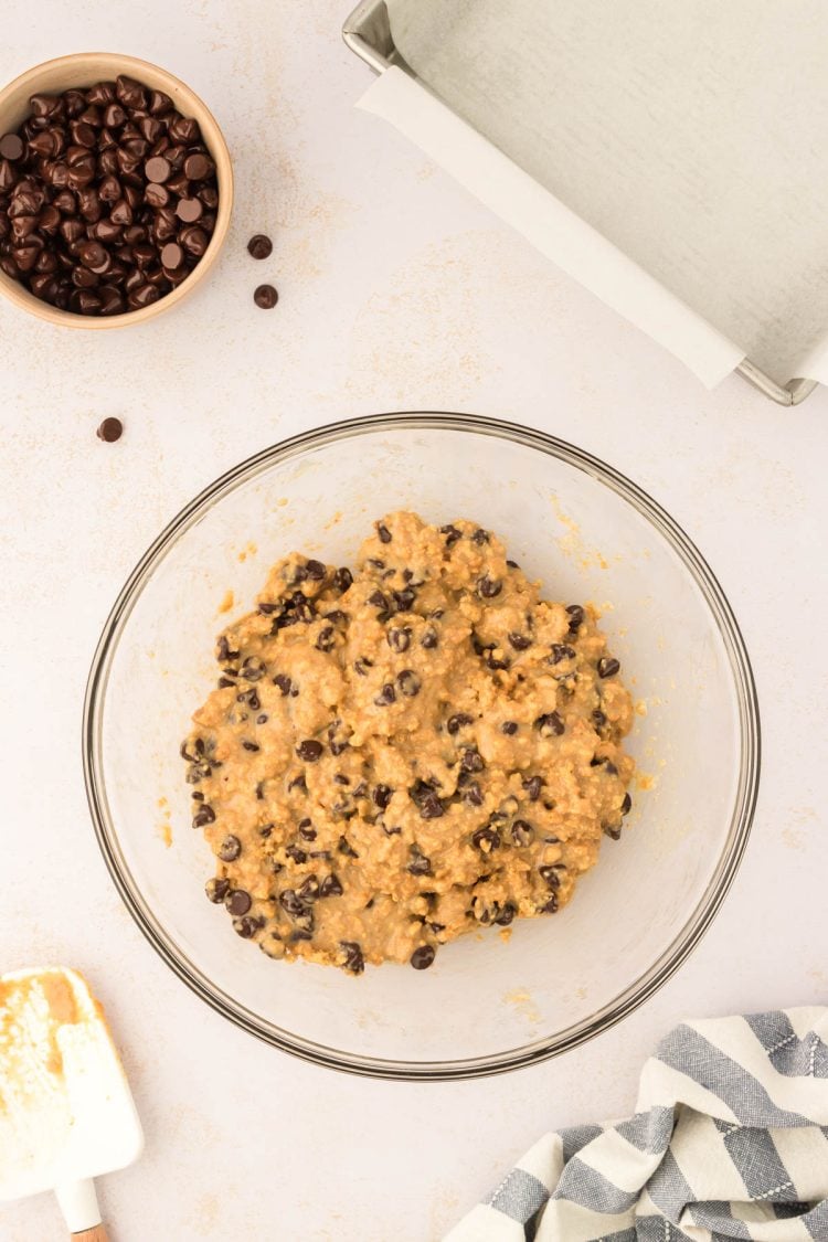 Graham cracker bar batter in a glass bowl.