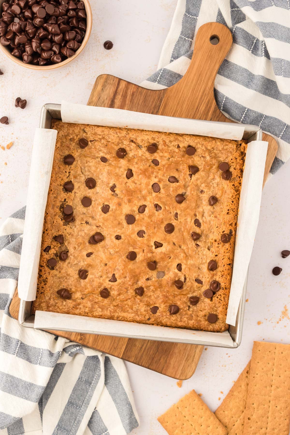 Overhead photo of baked graham cracker bars in a pan.