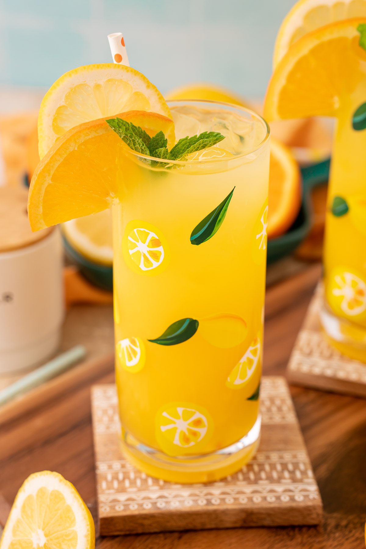 Close up of a glass of orangeade.