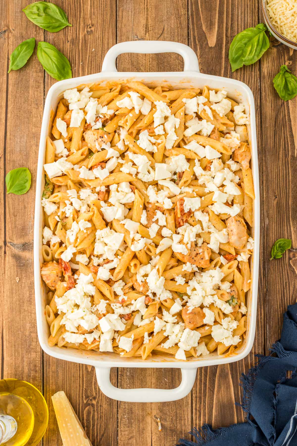 Marry Me Chicken Pasta in a dish ready to bake.