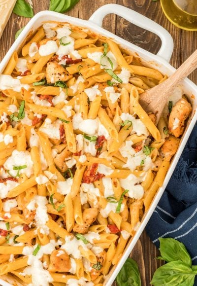 Overhead photo of marry me chicken pasta bake.