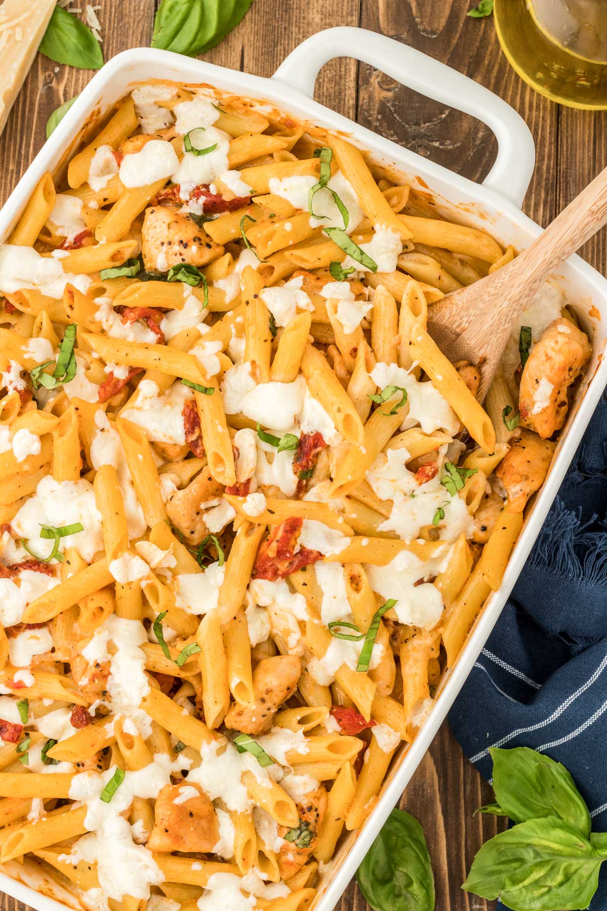 Overhead photo of marry me chicken pasta bake.