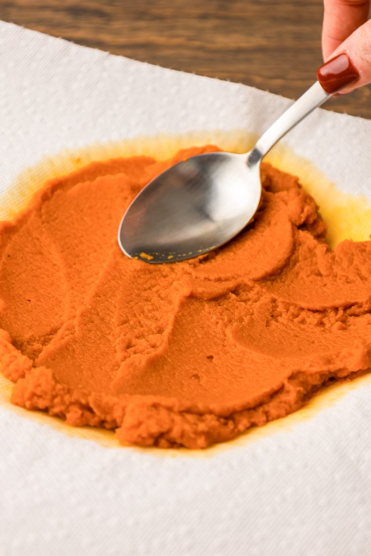 Pumpkin puree being spread out on paper towels.