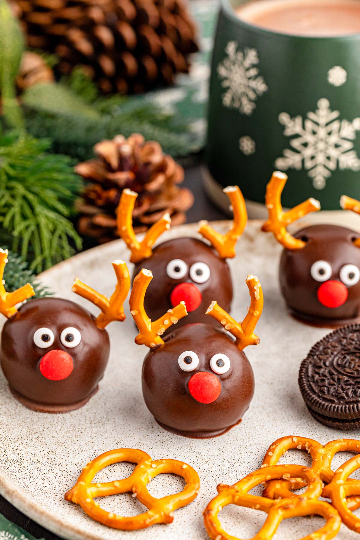 Reindeer Oreo Balls on a plate.