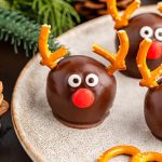 Close up of Reindeer Oreo Balls on a plate.