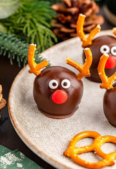 Close up of Reindeer Oreo Balls on a plate.