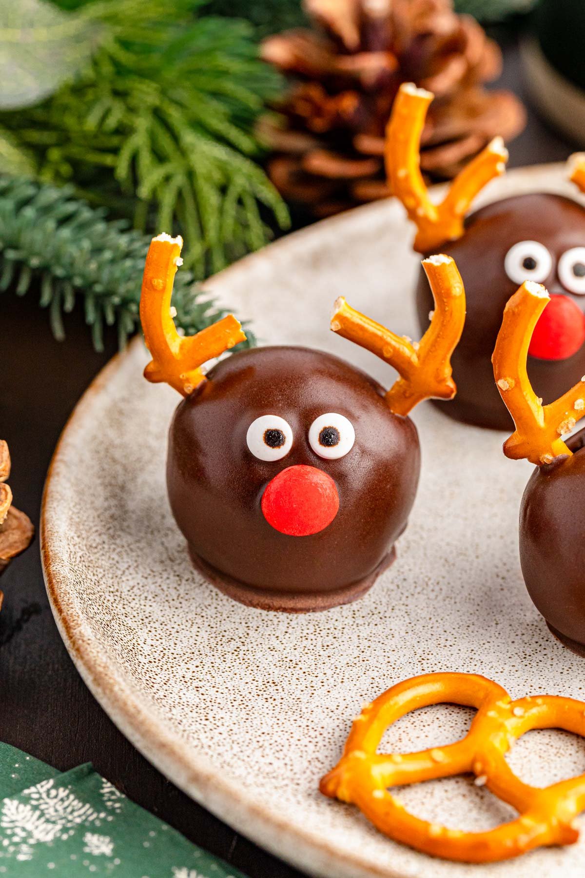 Close up of Reindeer Oreo Balls on a plate.