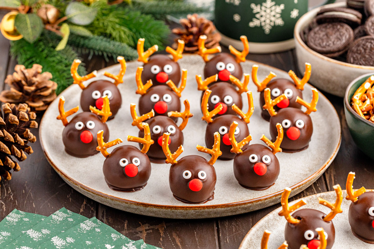 Reindeer Oreo Balls on a plate.