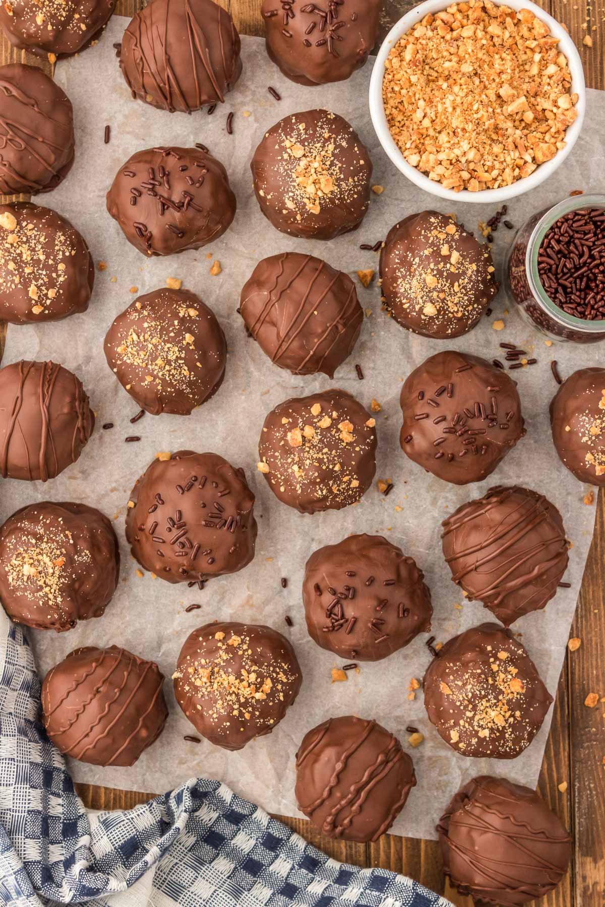 Peanut butter balls on a table.