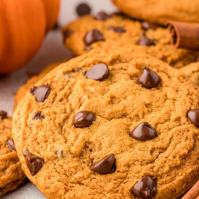 Close up of a pumpkin chocolate chip cookies.
