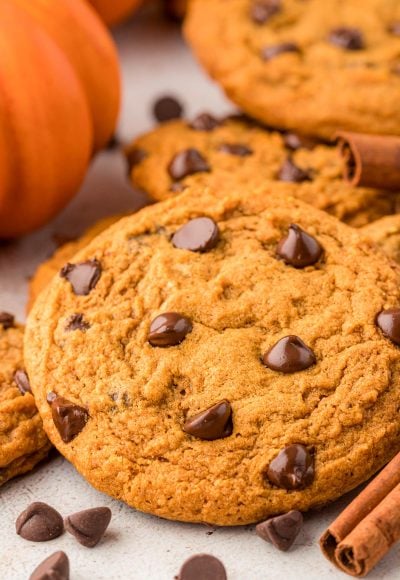 Close up of a pumpkin chocolate chip cookies.