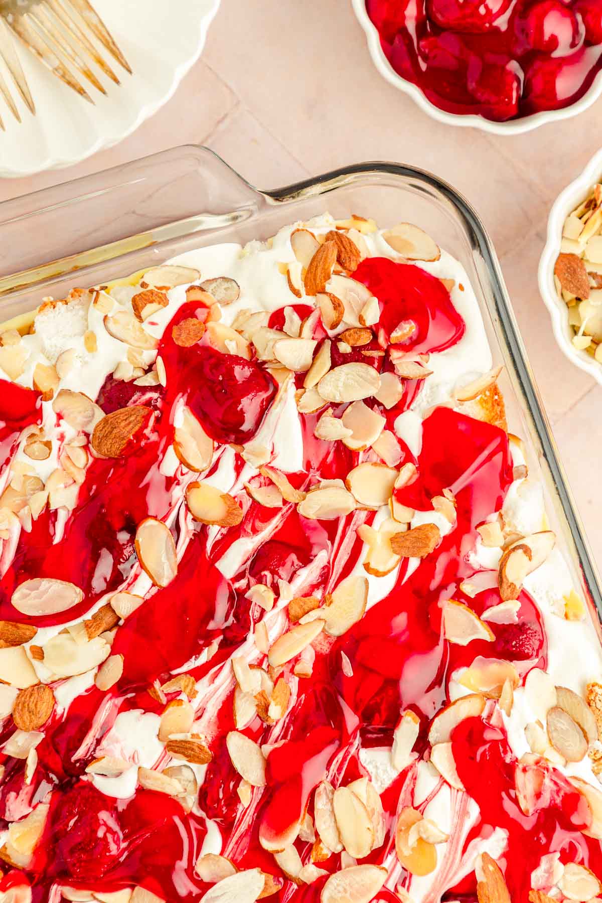 Overhead photo of a glass pan filled with heaven on earth cake.