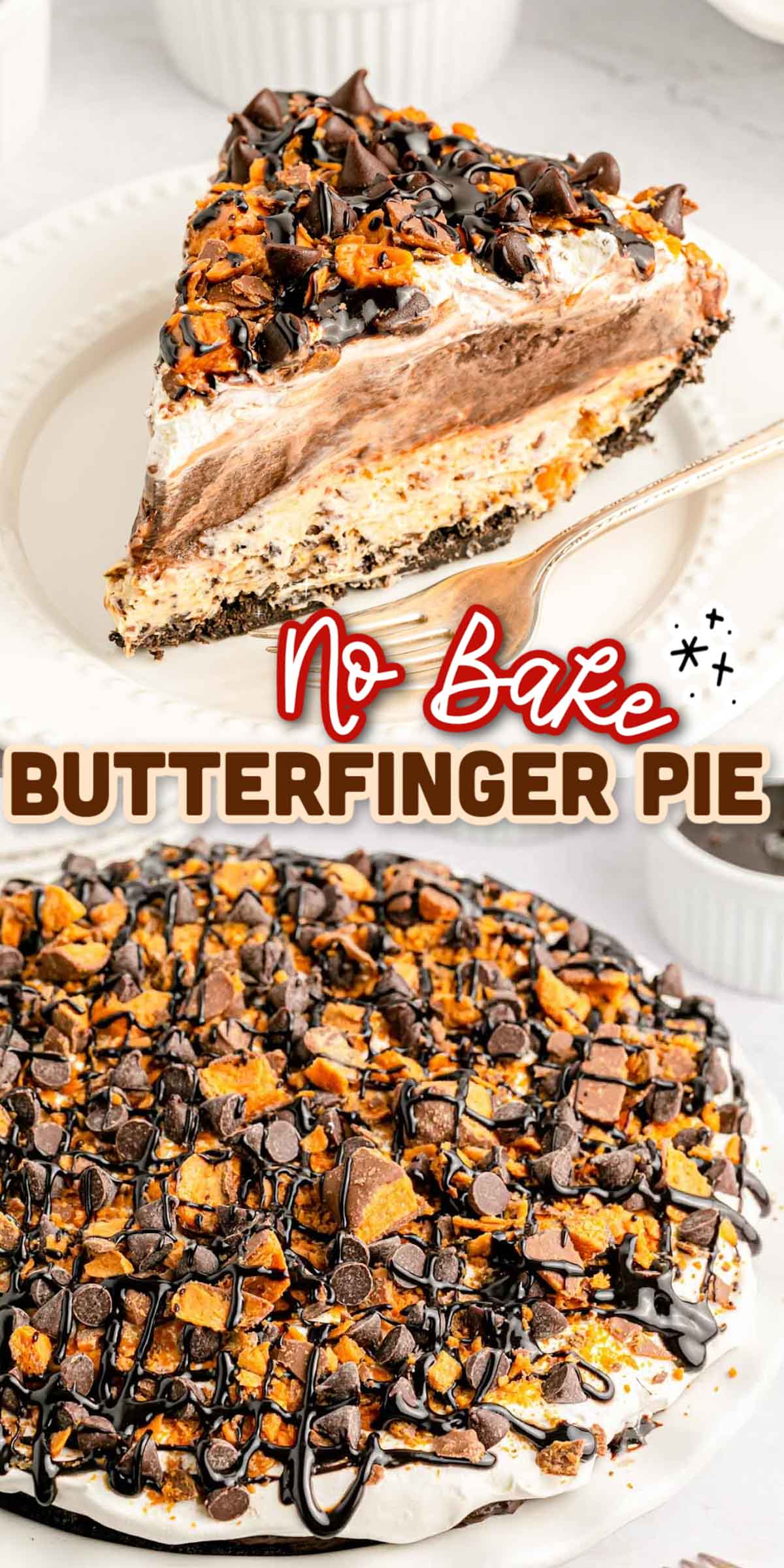 This No Bake Butterfinger Pie is a decadently layered chilled dessert that has an Oreo crust and lots of chopped Butterfinger candy bar pieces! Prep this incredibly delicious dessert in just 20 minutes! via @sugarandsoulco