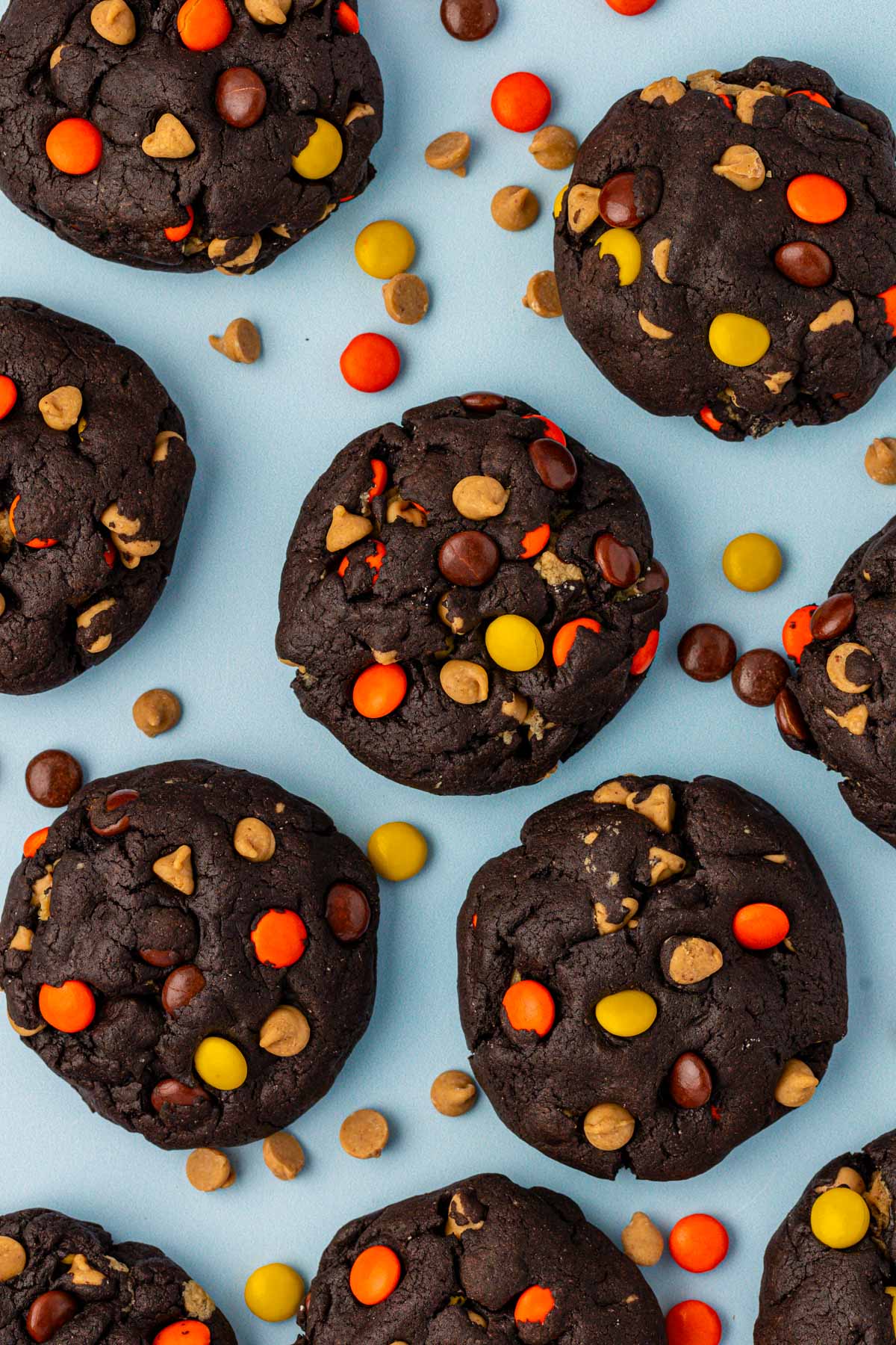 Overhead photo of chocolate peanut butter cookies with Reese's Pieces on a blue table.