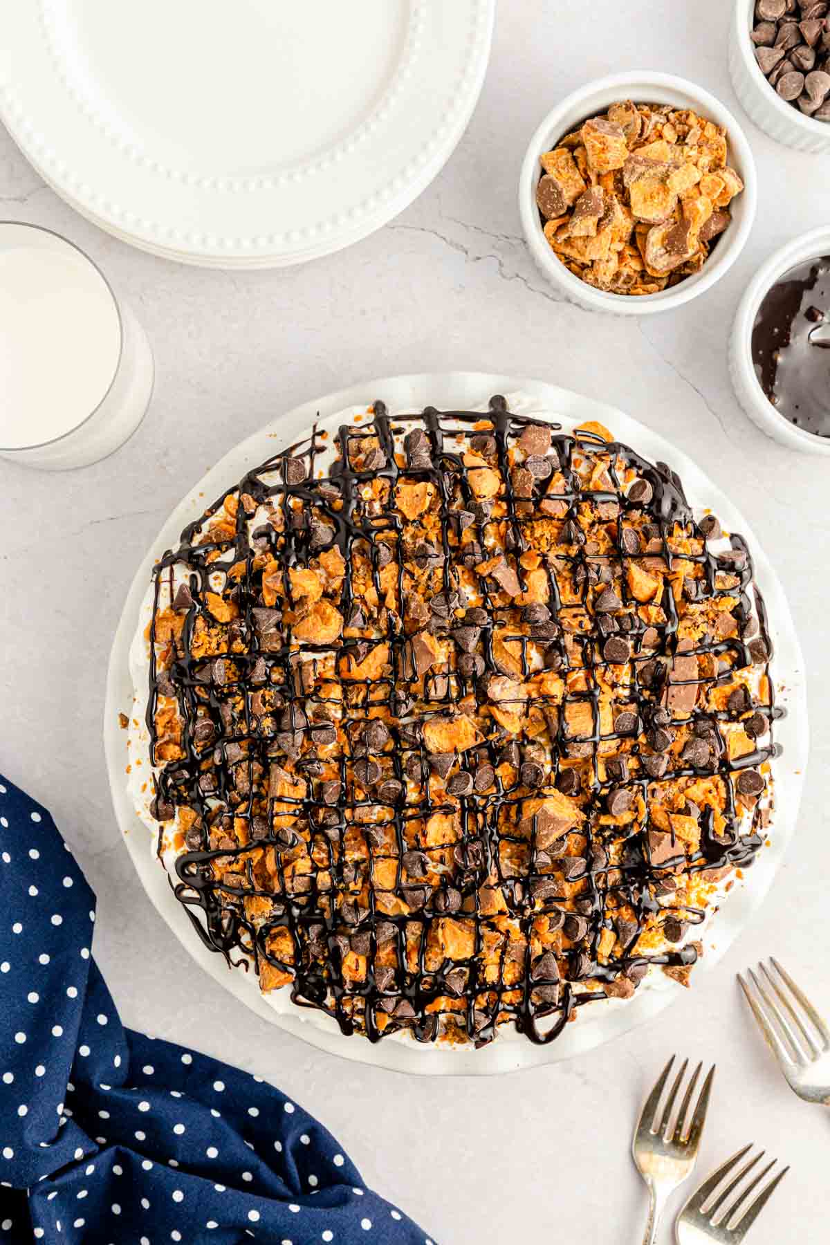 Overhead photo of peanut butter pie on a table.