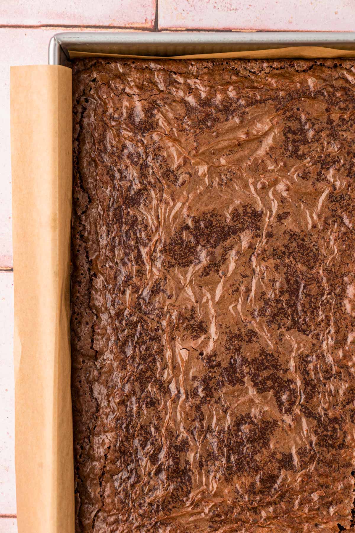 Overhead photo of brownies in a pan.