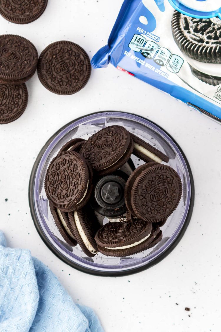 Overhead photo of Oreos in a food processor.