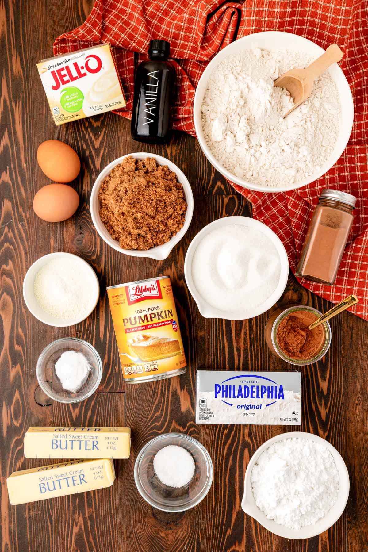 Overhead photo of ingredients to make pumpkin cheesecake cookies.