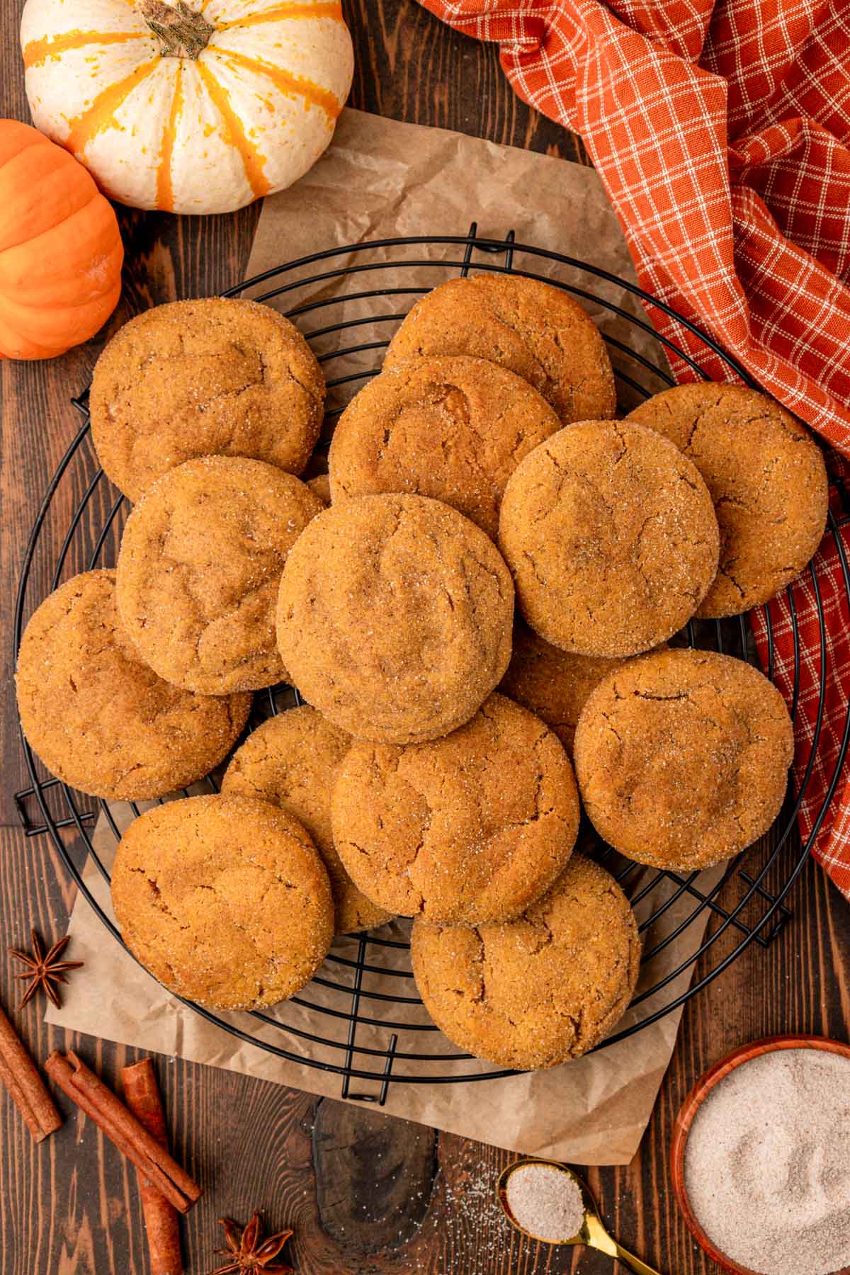 Overhead photo of pumpkin cookies with cream cheese filling.
