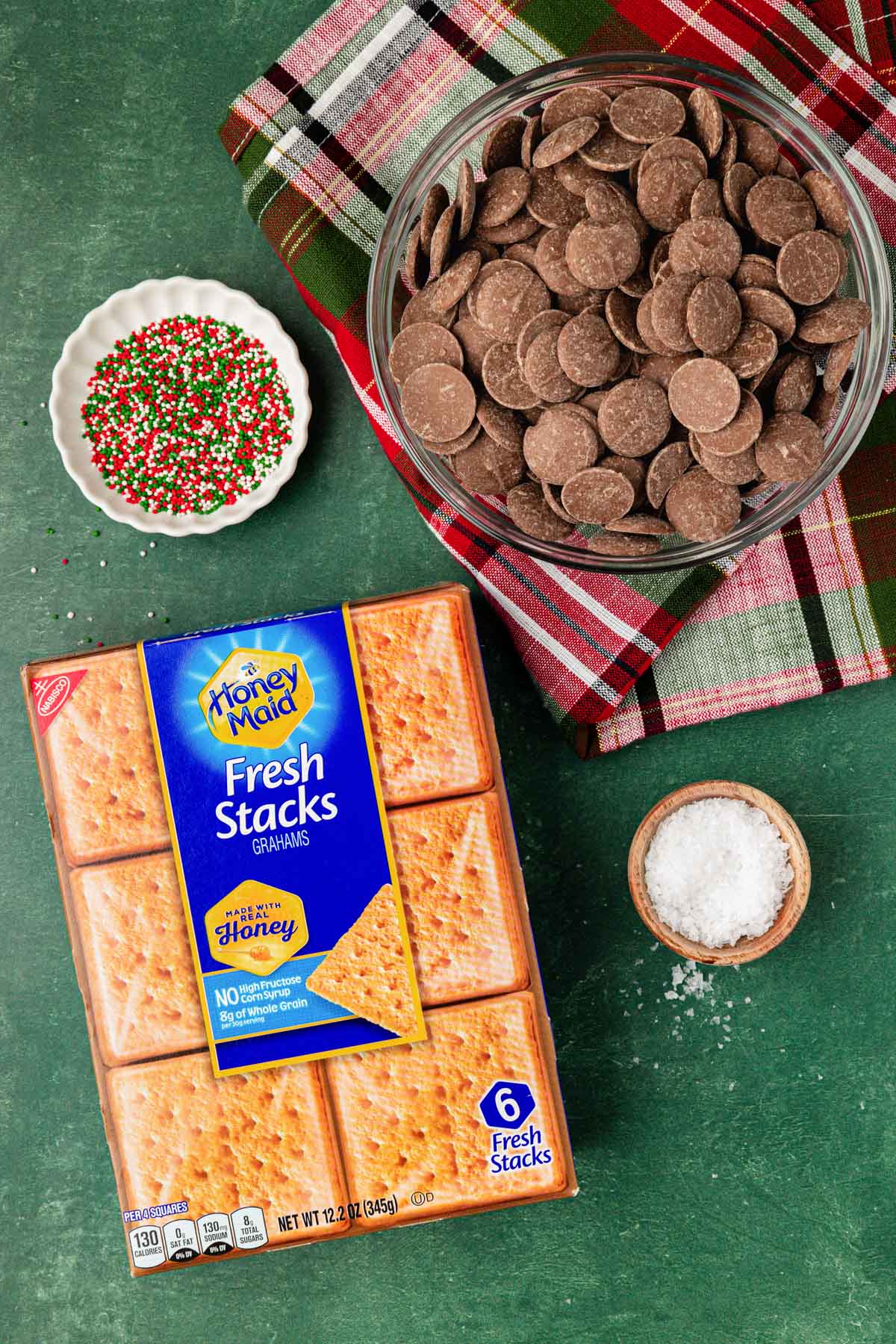 Overhead photo of ingredients to make chocolate covered graham crackers.