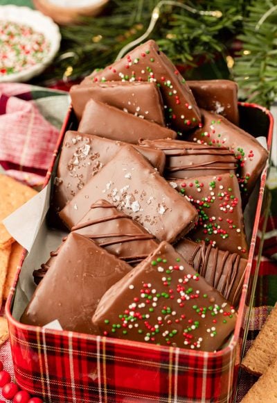 Chocolate covered graham crackers in a cookie tin.